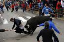 Benjamin Miller, 20, from Georgia, is gored by a bull during the "Carnaval del Toro" in Ciudad Rodrigo, Spain, on Sunday, Feb. 15, 2015. An American youth is recovering in the intensive-care unit of a hospital in western Salamanca after being savagely gored during a bullfighting festival celebrating Carnival, officials said Sunday. Surgeon Enrique Crespo said he was called to operate on 20-year-old Benjamin Miller from Georgia, who had been gored and tossed by a large fighting bull on Saturday, the first day of nearby Ciudad Rodrigo's "Carnaval del Toro." (AP Photo/Jose Vicente)