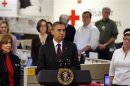 U.S. President Barack Obama speaks while he monitors damage done by Hurricane Sandy at the National Red Cross Headquarters in Washington