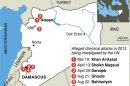 Map of Syria locating the sites of seven alleged chemical weapons attacks the UN is investigating