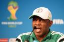 Nigeria's coach Stephen Keshi speaks during a press conference before a training session at the Pantanal Arena in Cuiaba on June 20, 2014