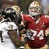 San Francisco 49ers tackle Joe Staley battles Baltimore Ravens defensive end Arthur Jones in the NFL Super Bowl XLVII football game in New Orleans