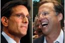 In this combination of Associated Press photos, House Majority Leader Eric Cantor, R-Va., left, and Dave Brat, right, react after the polls close Tuesday, June 10, 2014, in Richmond, Va. Tea party challenger Brat defeated Cantor in a stunning upset in a Republican primary election, denying the second-most powerful man in the U.S. House of Representatives a place on the November ballot and riding a wave of conservative anger over calls to loosen immigration laws. (AP Photo)
