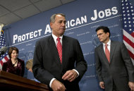 <p>               Speaker of the House John Boehner, R-Ohio, joined by Rep. Cathy McMorris Rodgers, left, and House Majority Leader Eric Cantor, R-Va., right, as they finish a news conference about the fiscal cliff negotiations after a closed-door GOP strategy session, at the Capitol in Washington, Tuesday, Dec. 18, 2012.   (AP Photo/J. Scott Applewhite)
