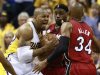 Pacers' West battles to the basket against Heat's James and Allen in Game 6 of their NBA Eastern Conference Final basketball playoff series in Indianapolis