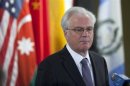 Russian ambassador to the United Nations Churkin speaks to media after a Security Council meeting at the United Nations
