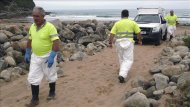 Operarios de limpieza reanudan esta mañana la recogida de fuel en la Playa de España, en el municipio de Villaviciosa (Asturias). EFE