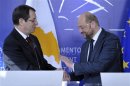 Cyprus President Nicos Anastasiades and European President Martin Schulz give statements to the media at the European Parliament in Brussels