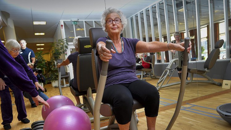 In this Sept. 26, 2013 photo, 80-year-old Marianne Blomberg works out at a gym in Stockholm. Much of the world is not prepared to support the ballooning population of elderly people, including many of the fastest-aging countries, according to a global study scheduled to be released Tuesday, Oct. 1, by the United Nations and an elder rights group. The Swedish government has suggested people continue working beyond 65, a prospect Blomberg cautiously welcomes but warns should not be a requirement. (AP Photo/TT News Agency, Jonas Ekstromer)