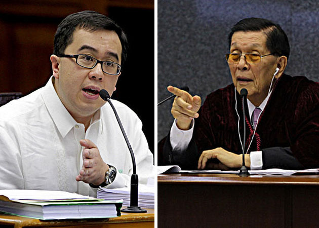 Senate President Juan Ponce Enrile admonishes civic group leader Harvey Keh for bringing documents to his office while accompanied by a TV crew.