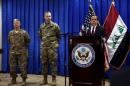 U.S. Ambassador to Iraq Jones introduces Lt. Gen. MacFarland as new commander general of U.S.-led coalition in Iraq and Col. Warren as coalition's new spokesman during news conference in Baghdad