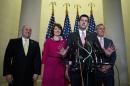 Rep. Paul Ryan, R-Wis., joined by, from left, House Majority Whip Steve Scalise of La.,, Rep. Cathy McMorris Rodgers, R-Wash., and House Majority Leader Kevin McCarthy of Calif., speaks to media on Capitol Hill in Washington, Wednesday, Oct. 28, 2015, after a Special GOP Leadership Election. Republicans in the House of Representatives have nominated Ryan to become the chamber's next speaker, hoping he can lead them out of weeks of disarray and point them toward accomplishments they can highlight in next year's elections. (AP Photo/Carolyn Kaster)