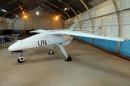 An Italian-made surveillance drone belonging to the UN's MONUSCO peacekeeping mission in the Democratic Republic of Congo sits in a hangar in Goma, capital of strife-torn North Kivu province, on December 3, 2013