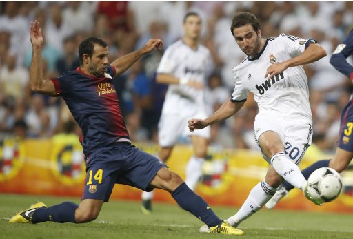 Real Madrid's Higuain shoots past Barcelona's Mascherano during their Spanish Super Cup second leg soccer match in Madrid