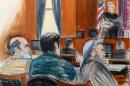 In this courtroom sketch, Sulaiman Abu Ghaith, left, listens as U.S. District Judge Lewis A. Kaplan stands to speak Monday, March 3, 2014 during jury selection at the start of Abu Ghaith's trial in New York on charges that he conspired to kill Americans and support terrorists in his role as al-Qaida's spokesman after the Sept. 11 attacks. Abu Ghaith is Osama bin Laden's son-in-law and is the highest-ranking al-Qaida figure to face trial on U.S. soil since the Sept. 11 attacks. Seated next to Abu Ghaith is a translater, next to defense attorney Stanley Cohen, right. (AP Photo/Elizabeth Williams)