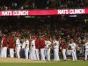 Nationals celebrate on field after beating Dodgers after MLB National League baseball game in Washington