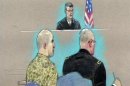 ATTENTION EDITORS - THIS IMAGE HAS BEEN BINNED U.S. Army Major Hasan appears before Fort Hood Chief Circuit Judge Colonel Gregory Gross with a military lawyer during an arraignment as seen in this courtroom sketch