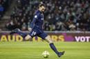 Paris Saint Germain's Zlatan Ibrahimovic prepares to kick the ball during their French League One soccer match against Saint-Etienne, in Saint-Etienne, central France, Sunday, Jan. 25, 2015. (AP Photo/Laurent Cipriani)