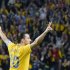 Sweden's Zlatan Ibrahimovic celebrates his third goal during their international friendly soccer match against England at the Friends Arena in Stockholm
