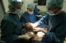 A surgeon holds the liver during an operation in Berlin