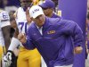 LSU coach Les Miles leads his team onto the field before an NCAA college football game against North Texas in Baton Rouge, La. Saturday, Sept. 1, 2012.  (AP Photo/Bill Haber)