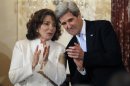 John Kerry is pictured with his wife Teresa Heinz-Kerry after being sworn-in as U.S. Secretary of State by Joe Biden during a ceremony at the State Department in Washington