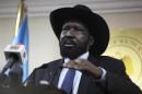 South Sudan's President Kiir speaks during a news conference in Juba
