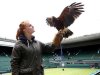 Imogen Davis poses for a photograph with Rufus, a Harris Hawk used at the Wimbledon Tennis Championships to scare away pigeons, in London