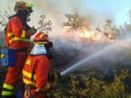 Fotografía facilitada por la UME de dos miembros de la unidad intentando sofocar el incendio declarado ayer en la sierra norte de Guadalajara. EFE