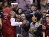 Miami Heat's LeBron James is congratulated by recording artist Gladys Knight following their NBA basketball game against the Oklahoma City Thunder in Miami