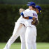 Chicago Cubs shortstop Starlin Castro, left, and second baseman Darwin Barney celebrate their 11-7 win over the San Diego Padres after a baseball game, Monday, May 28, 2012, in Chicago. (AP Photo/Brian Kersey)