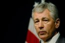 Senator Hagel speaks during news conference at US embassy in Islamabad