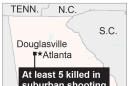 Map locates Douglasville, Georgia where a gunman opens fire killing at least five in a suburban neighborhood.; 1c x 2 inches; 46.5 mm x 50 mm;