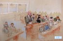 In this pool photo of a sketch by courtroom artist Janet Hamlin and reviewed by the U.S. Department of Defense, attorney James Connell, center, Pentagon-appointed defense lawyer for Sept. 11 co-conspirator Ammar al Baluchi, questions retired U.S. Navy Vice Admiral Bruce MacDonald, who last served as the 40th Judge Advocate General of the Navy, via video conference during the pretrial hearings at the Guantanamo Bay U.S. Naval Base in Cuba, Monday, June 17, 2013. Five Guantanamo Bay prisoners accused of helping orchestrate the Sept. 11 terrorist attacks returned to court Monday as arguments resumed over the preparations for a trial that remains distant. At far right is the self-proclaimed terrorist mastermind Khalid Sheikh Mohammed. (AP Photo/Janet Hamlin, Pool)