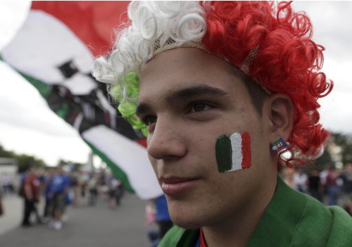 Italy soccer fans make their way to the National stadium in Warsaw