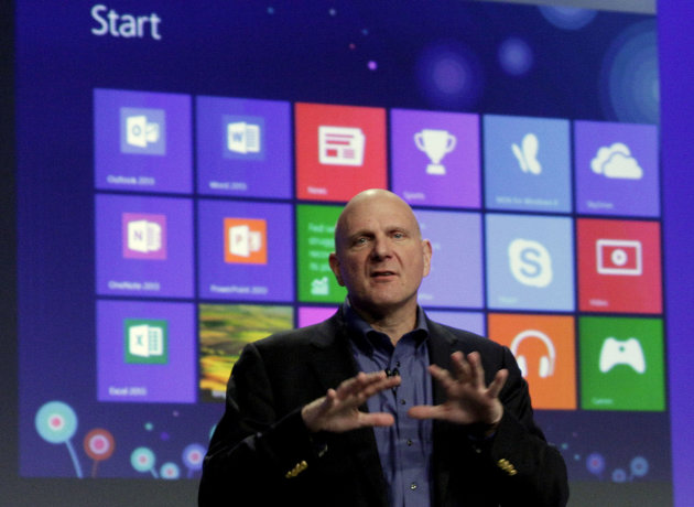 <p>               Microsoft CEO Steve Ballmer gives his presentation at the launch of Microsoft Windows 8, in New York,  Thursday, Oct. 25, 2012. Windows 8 is the most dramatic overhaul of the personal computer market's dominant operating system in 17 years. (AP Photo/Richard Drew)