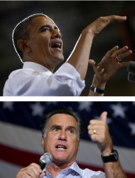 En estas fotos de archivo del 26 de septiembre de 2012, el presidente Barack Obama y el candidato presidencial republicano Mitt Romney hacen campaña en el disputado estado de Ohio. Obama y Romney se preparan para la serie de tres debates que comienza el miércoles 3 de octubre de 2012. (AP fotos)