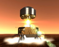 of the Mars Sample Return (MSR) ascent module lifting off from Mars' surface with the Martian soil samples.