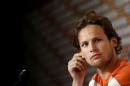 Daley Blind of the Netherlands listens to his team mate speak during a press conference after a training session in Rio de Janeiro, Brazil, Sunday, June 15, 2014. His commanding play in that match has sparked intense speculation in England that he could be playing in the red of Manchester United next season when current Netherlands coach Louis van Gaal moves to Old Trafford and attempts to rebuild the storied club after a disastrous season. (AP Photo/Wong Maye-E)