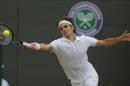 Roger Federer of Switzerland plays a return to Tommy Robredo of Spain in their men's singles match at the All England Lawn Tennis Championships in Wimbledon, London, Tuesday July 1, 2014. (AP Photo/Pavel Golovkin)