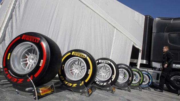 Pirelli Formula One tyres are seen in the paddock during a training session at Circuit de Catalunya racetrack, in Montmelo, near Barcelona