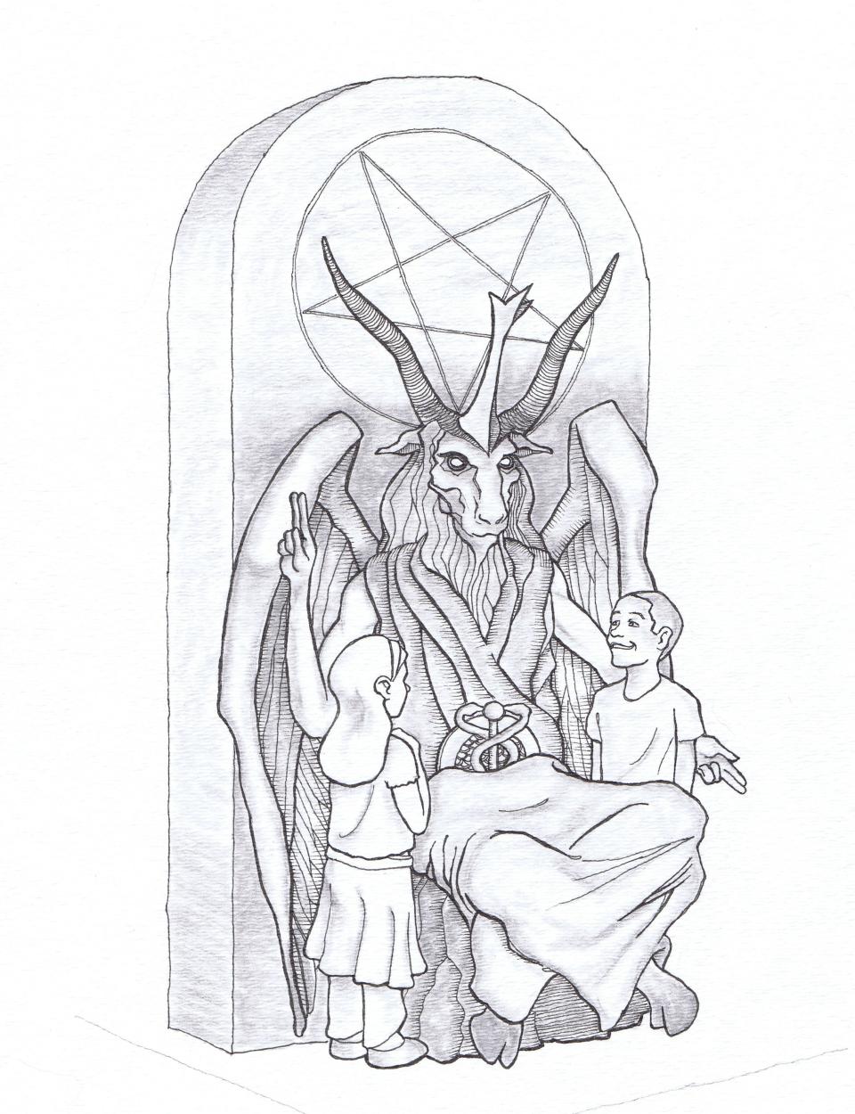 This artist&#39;s rendering provided by the Satanic Temple shows a proposed monument that the New York-based Satanic group wants to place at the Oklahoma state Capitol. The statue features a bearded, goat-headed demon sitting in a pentagram-adorned throne with children next to it. (AP Photo/Satanic Temple)