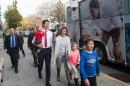 Canadian Liberal Party leader Justin Trudeau leaves after casting his ballot with his wife Sophie and their children Hadrien, Ella-Grace (2nd-R) and Xavier (R) in Montreal on October 19, 2015
