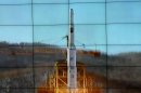 In this monitor screen image taken by the Korean Central News Agency and distributed in Tokyo by the Korea News Service, the Unha-3 rocket lifts off from a launch site on the west coast, in the village of Tongchang-ri, about 56 kilometers (35 miles) from the Chinese border city of Dandong, North Korea, Wednesday, Dec. 12, 2012. North Korea successfully fired a long-range rocket on Wednesday. (AP Photo/Korea Central News Agency via Korea News Service) JAPAN OUT UNTIL 14 DAYS AFTER THE DAY OF TRANSMISSION