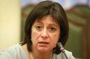 Ukraine's Finance Minister Natalia Yaresko reacts at a news conference in Kiev