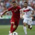 Portugal's Cristiano Ronaldo runs with the ball past Turkey's Hamit Altintop during their international friendly soccer match at Luz stadium in Lisbon