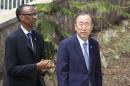 Rwandan President Kagame and the UN Secretary General Ban leave after a wreath-laying ceremony at the Kigali Genocide Memorial Centre in Kigali