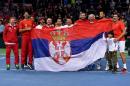 Serbia celebrate their victory against Russia during the first round Davis Cup World Group tennis tournament at Cair sports hall in Nis, Serbia on February 4, 2017