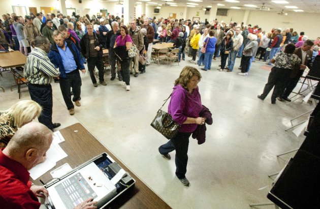 Voters wait in line for over an hour to vote at the Moose Lodge polling site in Campbell County on Tuesday, Nov. 6, 2012, in Lynchburg, Va. (AP Photo/News & Daily Advance, Jill Nance)