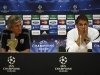 Malaga's coach Pellegrini and his player Joaquin attend a news conference on the eve of their Champions League soccer match against AC Milan in Malaga