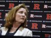 Julie Hermann listens as Rutgers President Robert Barchi announces Hermann as athletic director, Wednesday, May 15, 2013, in Piscataway, N.J. Hermann, who was Louisville's senior associate athletic director, will be the third female athletic director at a school among the 124 playing at college football's top tier. Rutgers has been looking for a new AD since Tim Pernetti resigned on April 5, part of the fallout from the Mike Rice scandal. (AP Photo/Mel Evans)
